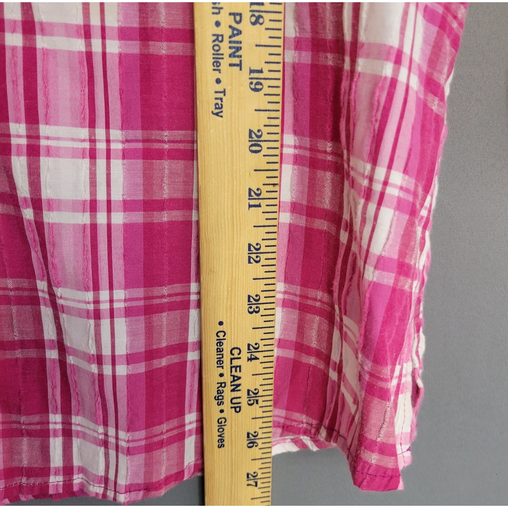Alia Plaid Button Front Top Womens 16 Pink White Crinkle 3/4 Sleeves Casual - Picture 8 of 11